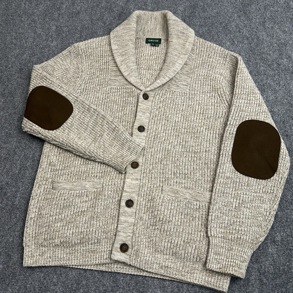 NEW Orvis Wool Cardigan Sweater Men's Medium‎ Beige Shawl Collar Elbow Patches